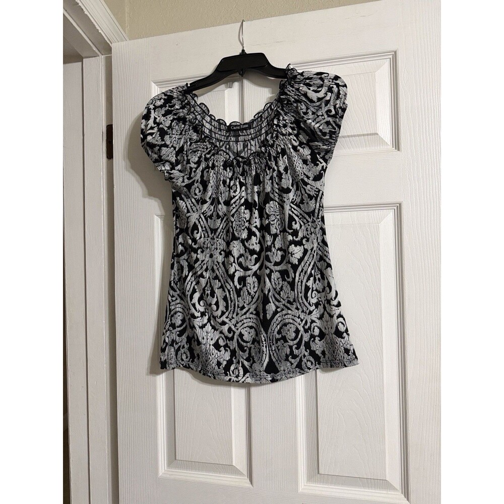 Carol Rose Women’s Black Gray White Paisley Print Puff Sleeve Blouse Top
